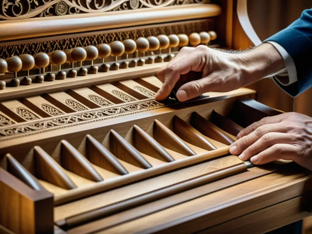 Un artesano talla con destreza patrones en madera para un órgano Regal, resaltando la historia y sonido del instrumento