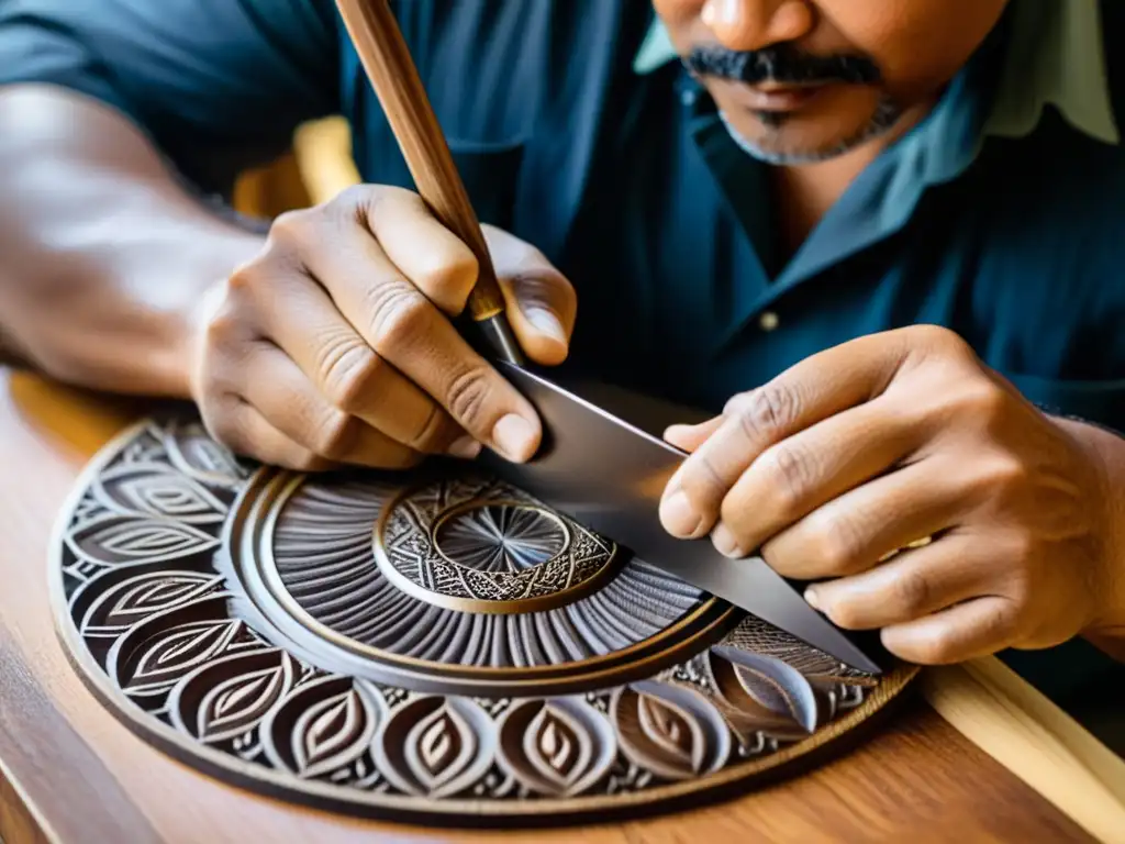 Un artesano talla con destreza patrones en madera de krin, concentrado en su labor, evocando la historia y la construcción del sonido krin en África