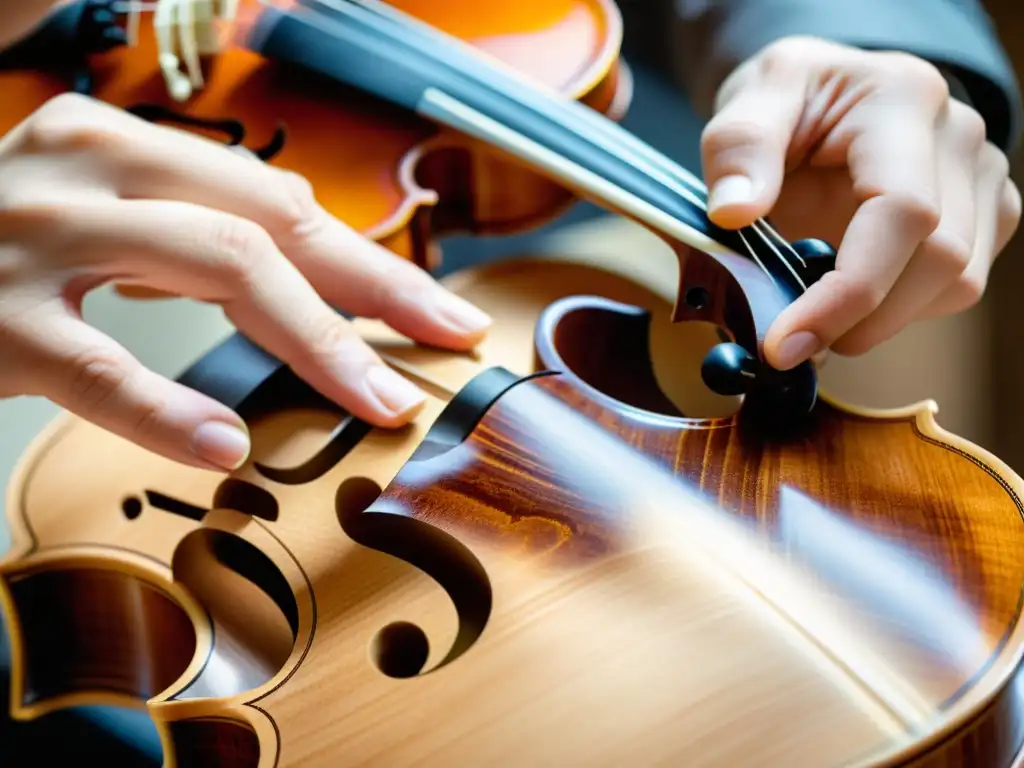 Un artesano talla con destreza los patrones de veta en la madera de arce de un violín, resaltando la calidad del sonido único del instrumento