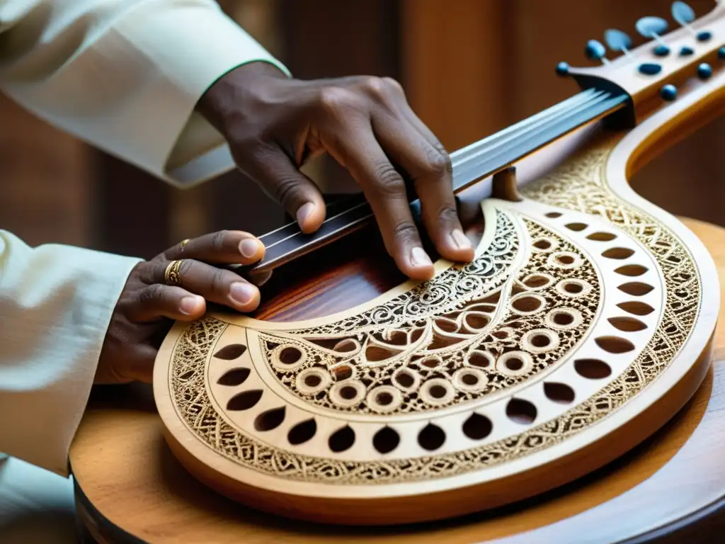 Un artesano talla con destreza un Rebab, mostrando la rica historia y sonido del instrumento