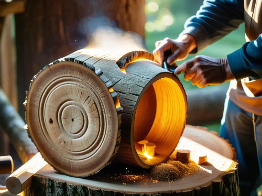 Un artesano talla con destreza un tambor de tronco, con la luz del sol resaltando los detalles de la historia y construcción del log drum