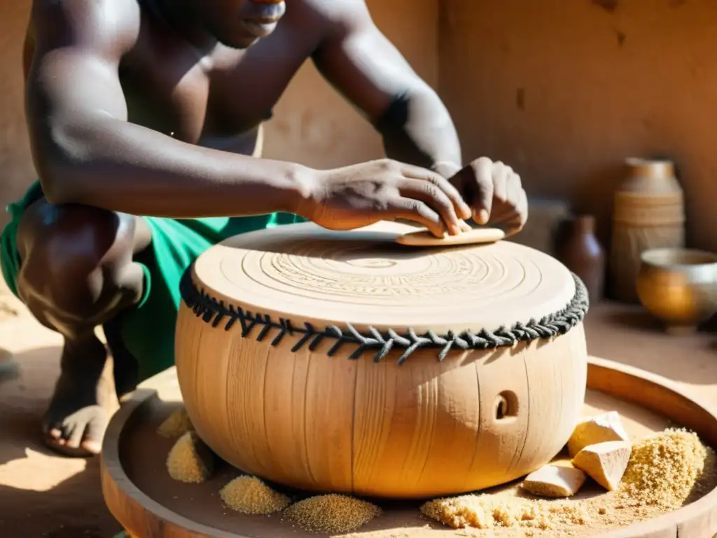 Un artesano en Ghana talla con destreza un tambor de agua, rodeado de herramientas tradicionales