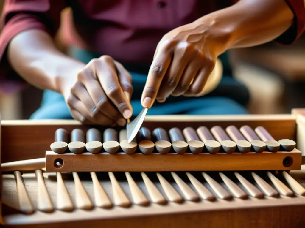 Un artesano talla con destreza las teclas de madera de una marimba, mostrando la dedicación en la creación de este instrumento