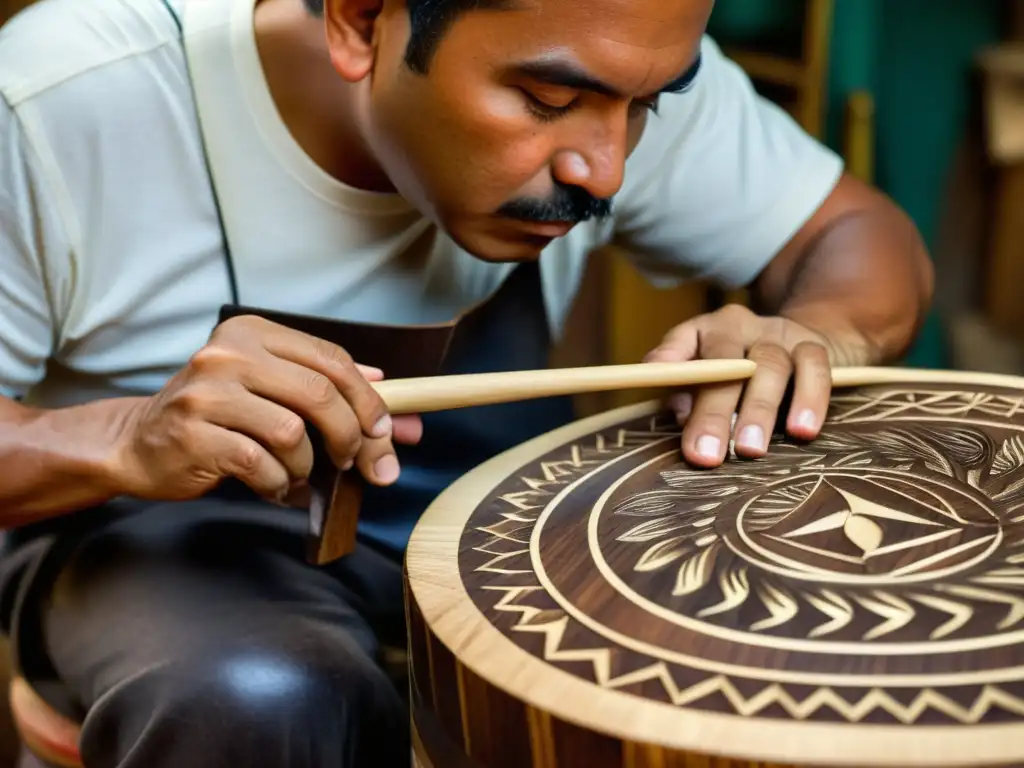 Un artesano talla con destreza un cuatro venezolano en madera, resaltando la importancia del cuatro venezolano en la música