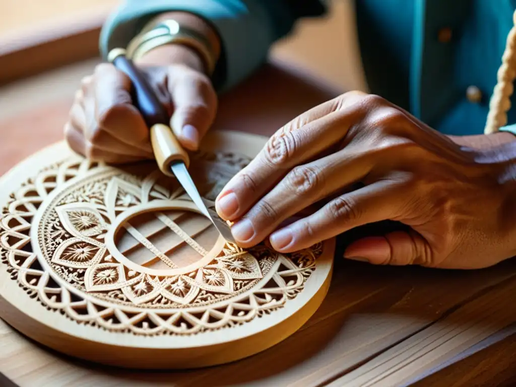 Un artesano talla con destreza una vihuela de mano española, capturando la rica historia y artesanía de este instrumento tradicional