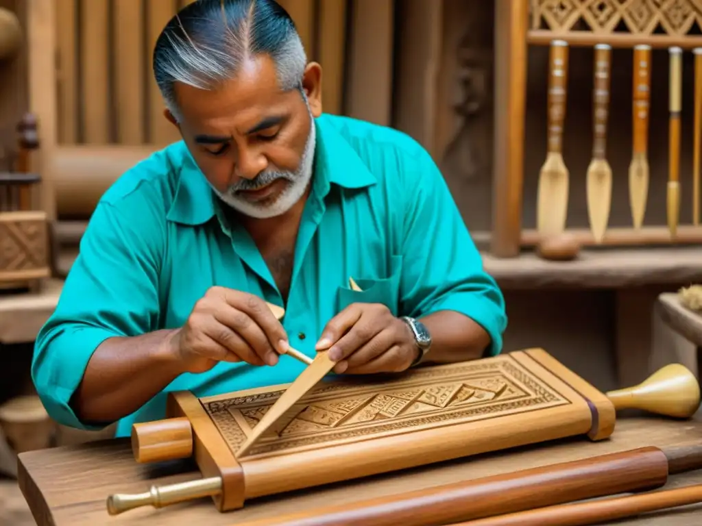 Un artesano talla detalladas decoraciones en madera para crear un balafón tradicional