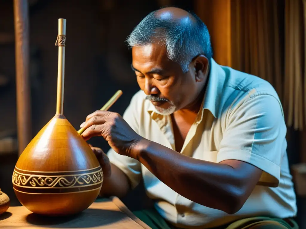 Un artesano hábil talla detallados diseños en una flauta hulusi en su taller, creando una atmósfera de significado cultural e artesanía