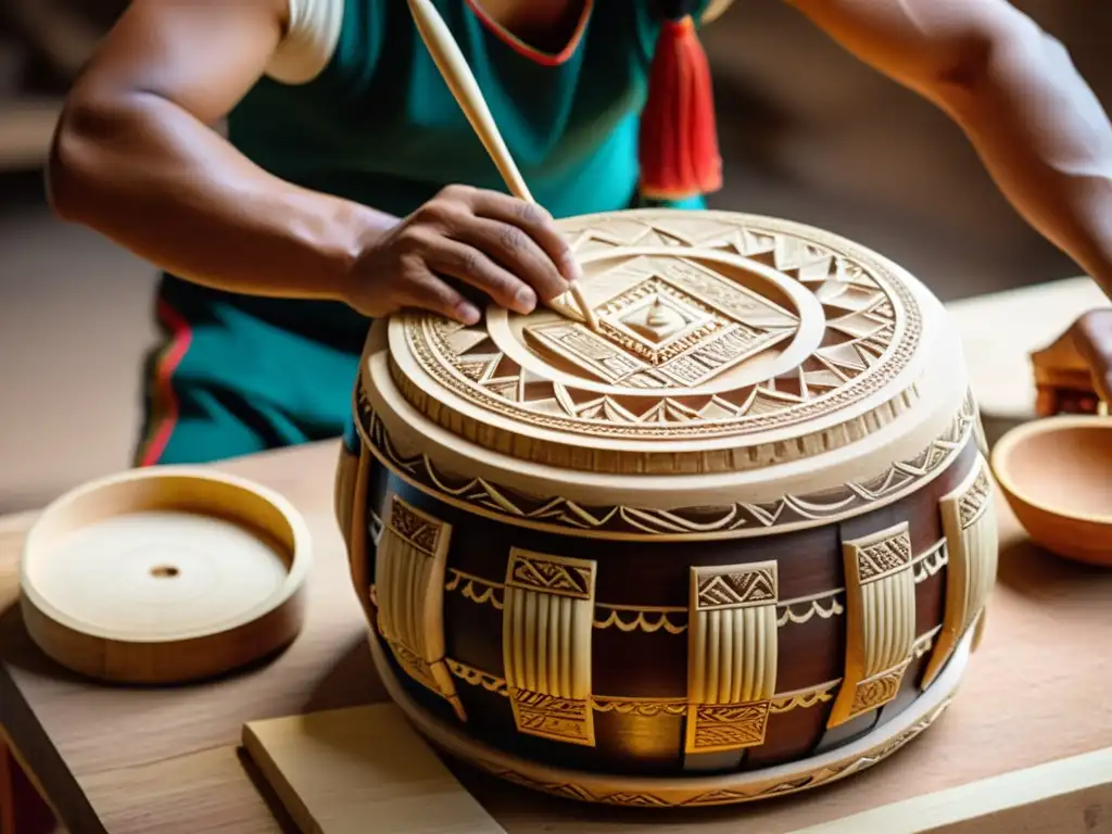 Un artesano talla con detalle un teponaztli, tambor de madera de América y África, resaltando la artesanía y la tradición cultural