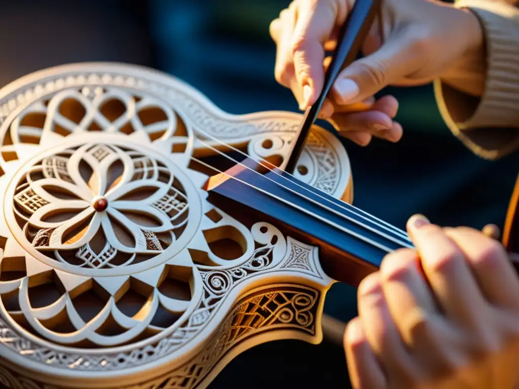 Un artesano talla y decora con detalle un Hardanger Fiddle Noruego en un taller cálido y acogedor, resaltando su artesanía única