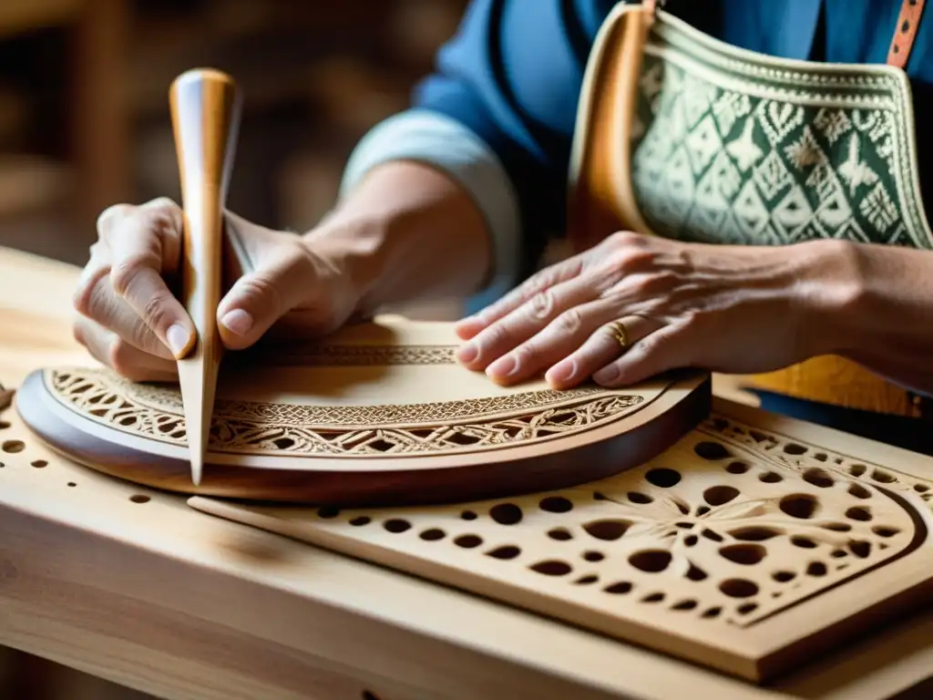 Un artesano talla con precisión detalles en un dulcimer de martillo, destacando la historia y la construcción tradicional