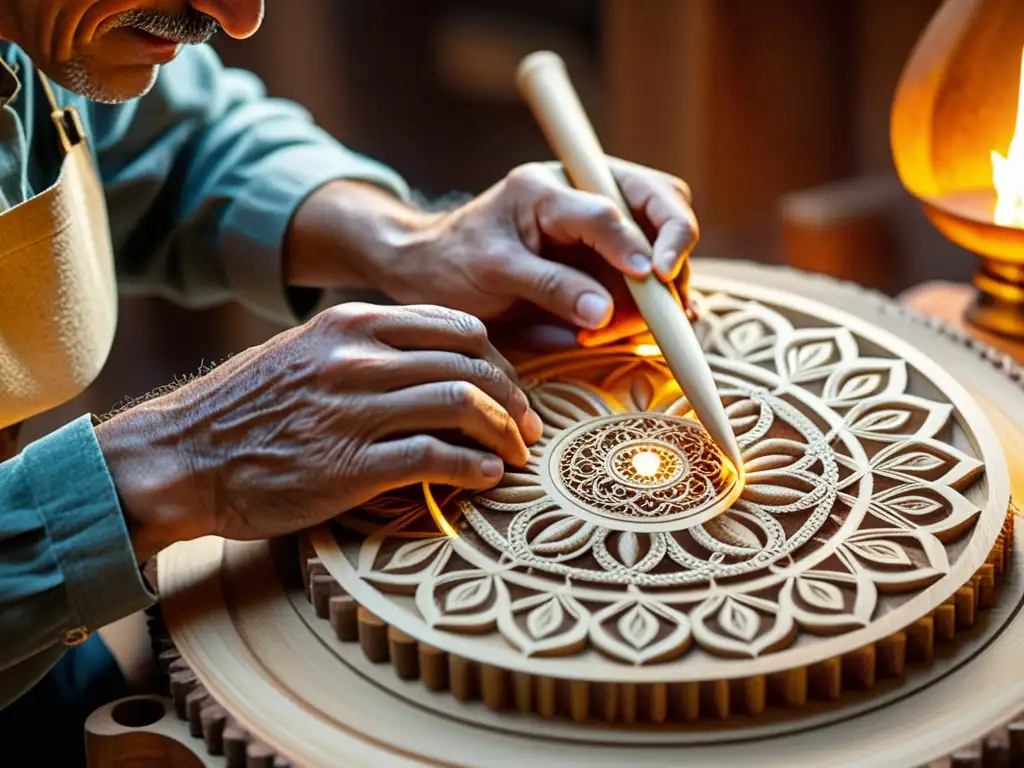 Un artesano talla con precisión detalles en un teorbo barroco