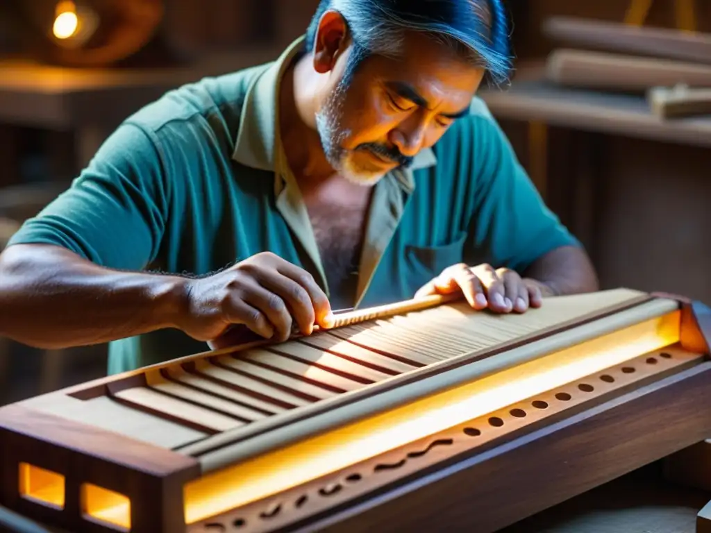 Un artesano talla diseños en el arpa paraguaya, iluminado por la cálido resplandor dorado del taller