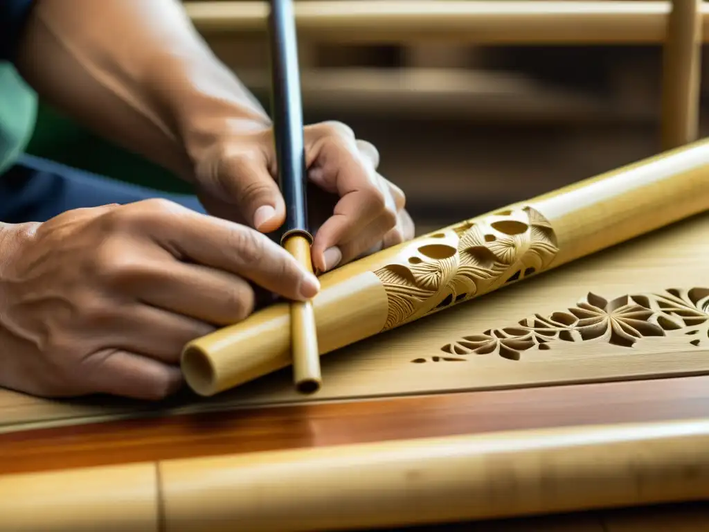 Un artesano talla diseños en bambú para crear un shakuhachi japonés, mostrando la magia del arte tradicional y la maestría atemporal