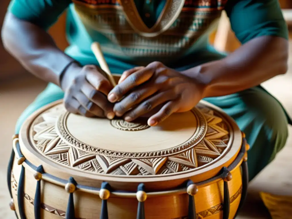 Un artesano talla diseños en la concha de madera de un dholak, mostrando la historia y construcción del dholak con precisión y destreza