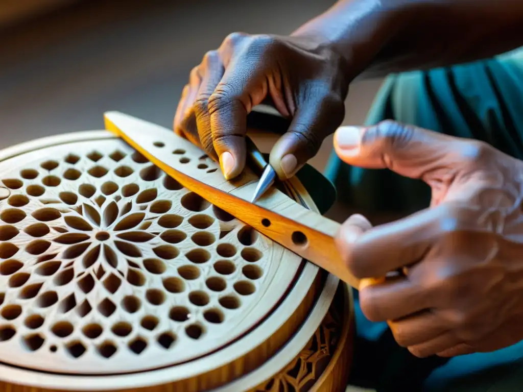 Un artesano talla con precisión diseños en la construcción de instrumentos musicales tradicionales, mostrando artesanía y dedicación