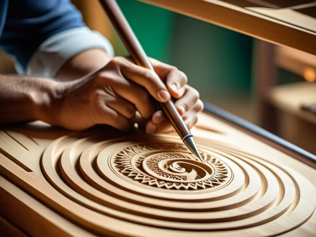 Un artesano talla diseños detallados en la caja armónica de un arpa llanera, destacando la artesanía, historia y sonido del instrumento