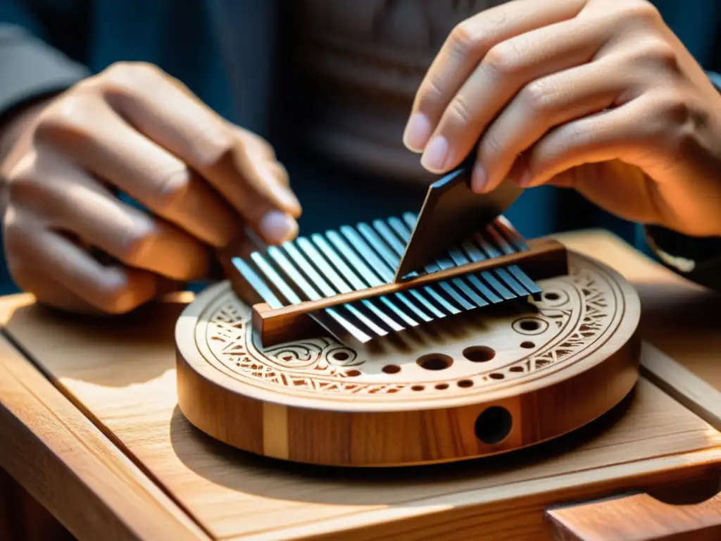 Un artesano talla diseños en una kalimba electrónica