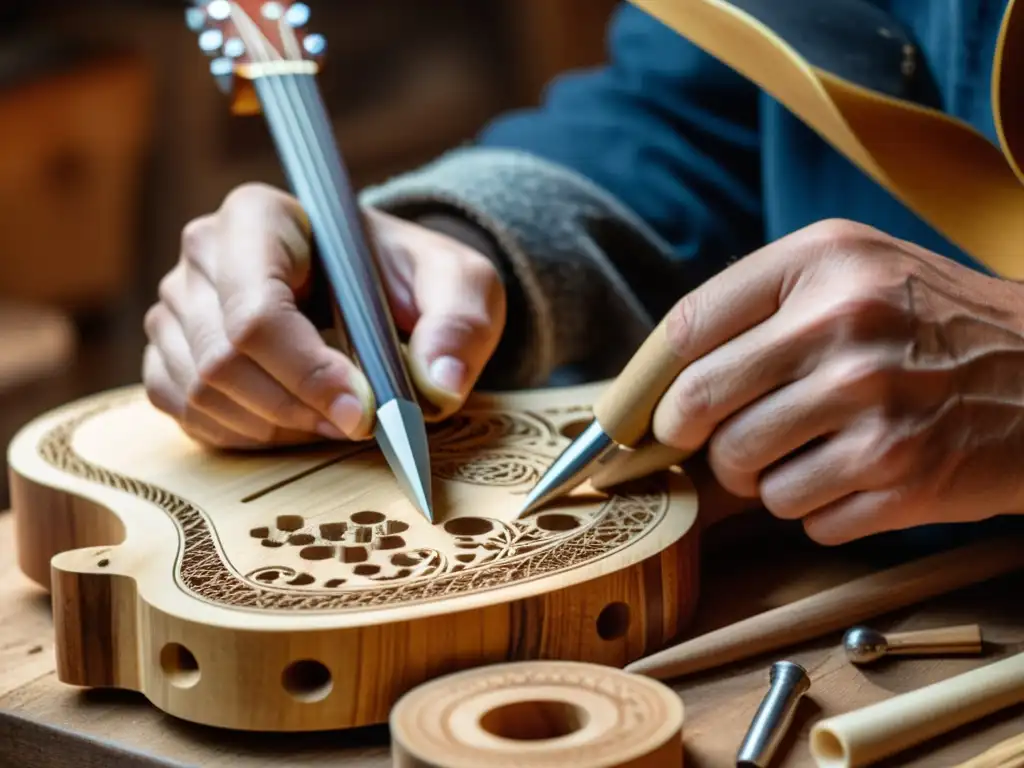 Un artesano talla diseños en una guitarra de madera sostenible rodeado de herramientas