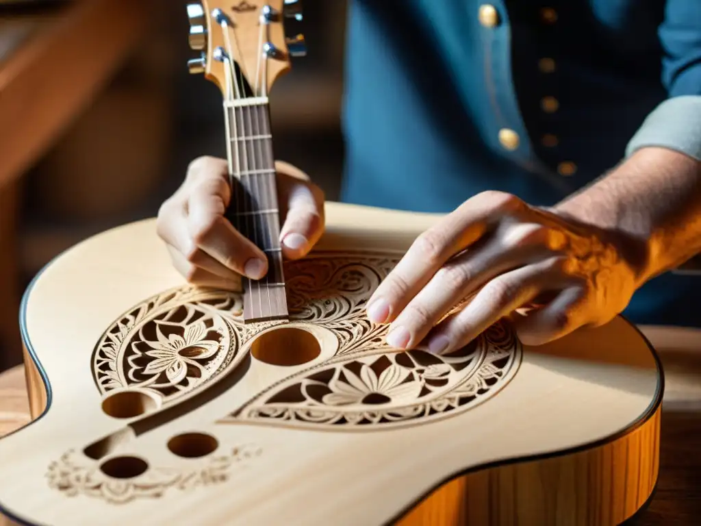 Un artesano talla diseños en una guitarra de madera sostenible, fusionando tradición con eco-sostenibilidad