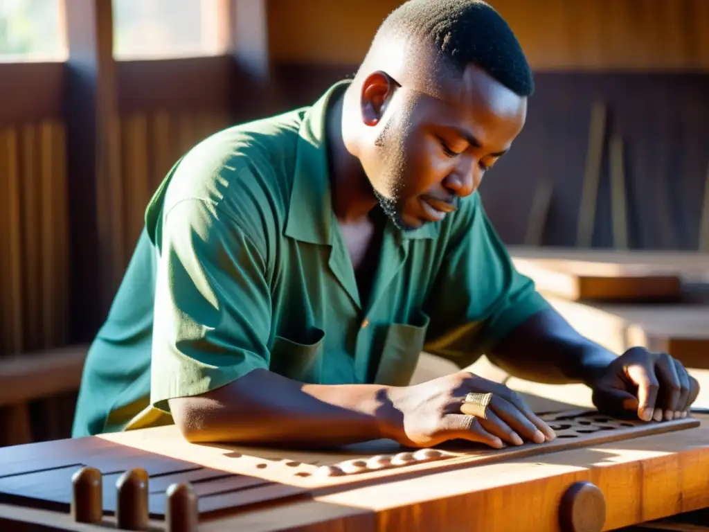 Un artesano talla diseños intrincados en un balafón, llenando el taller con tradición y significado cultural del balafon africano