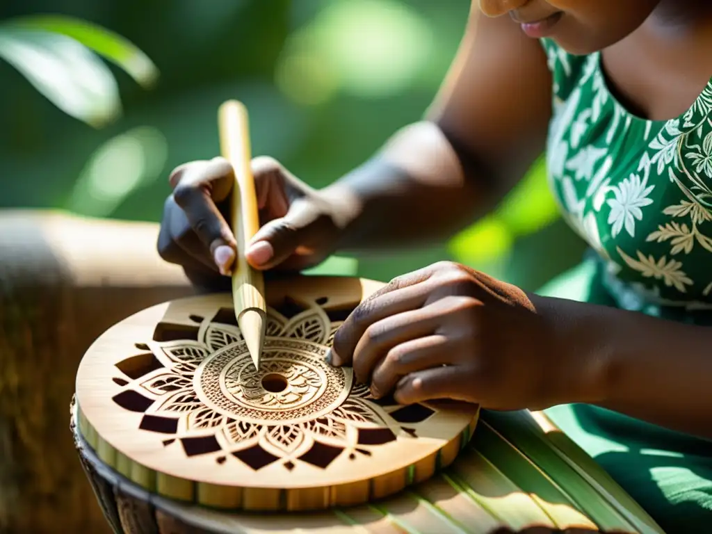 Un artesano talla diseños intrincados en una flauta de bambú, con manos adornadas con henna