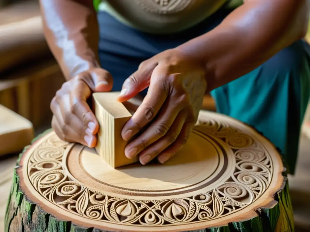 Un artesano talla diseños intrincados en un tronco hueco para crear un Pate, un tambor tradicional polinesio