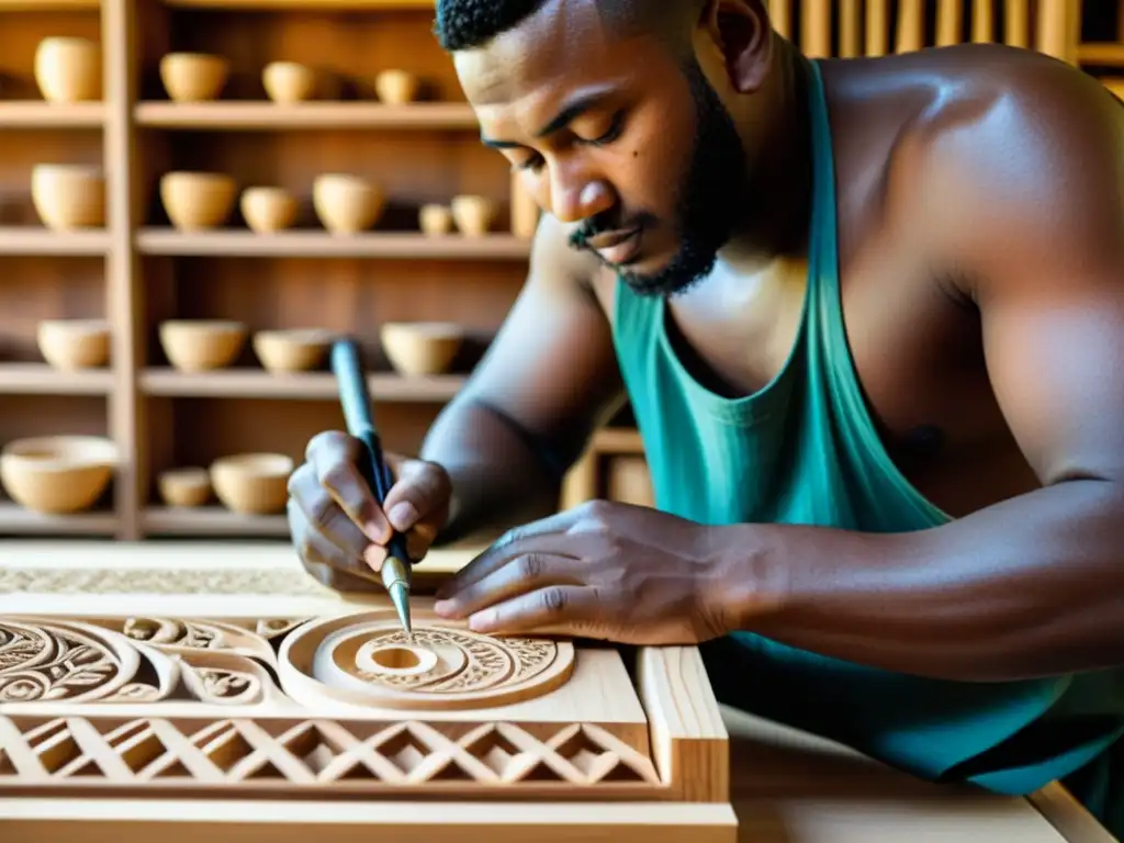 Artesano talla con precisión diseños en madera, destacando la importancia del uso sostenible en la fabricación de instrumentos musicales