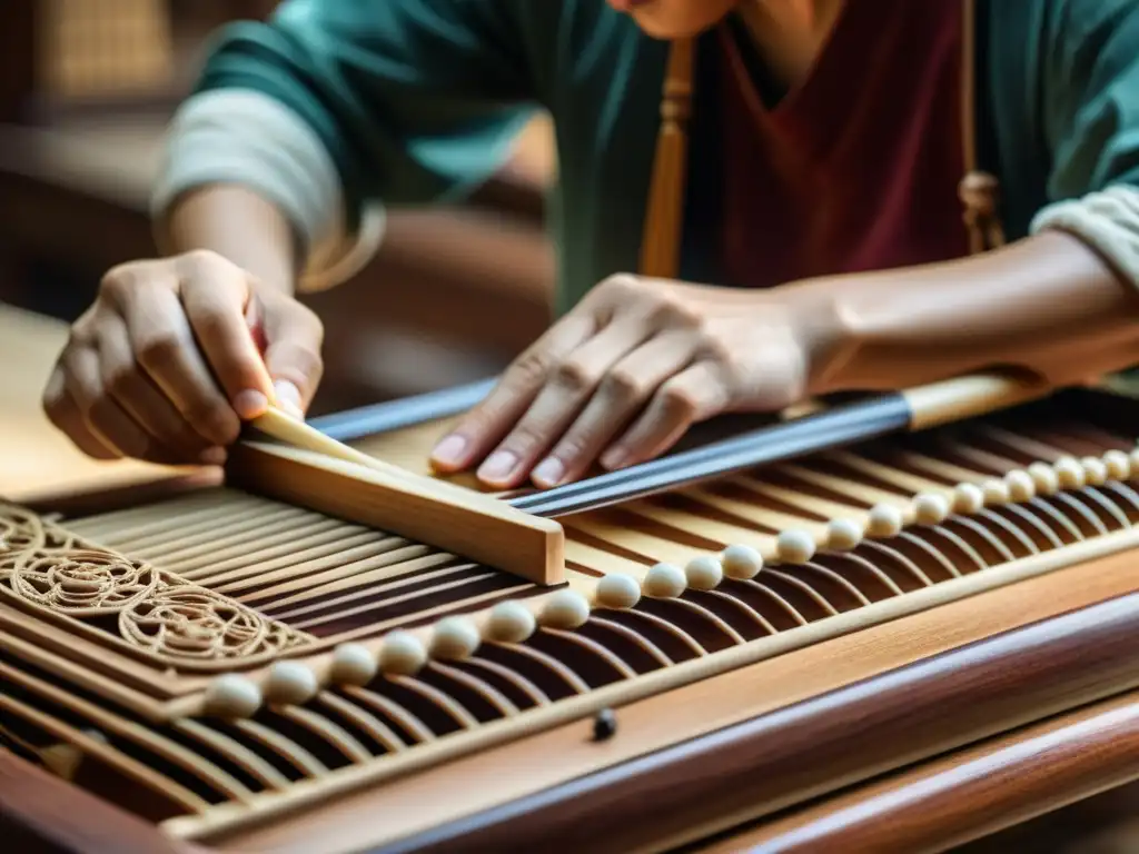 Un artesano talla con maestría diseños en la madera de un guzheng, capturando la historia y construcción del instrumento chino