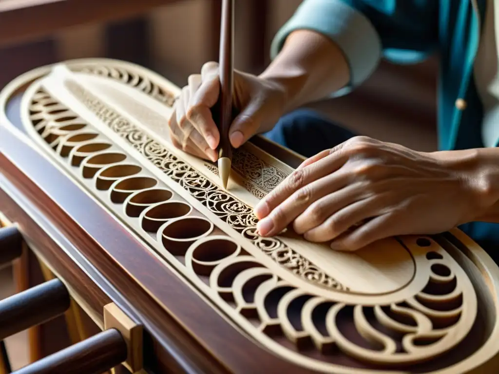 Un artesano talla con precisión diseños en la madera de un guzheng, iluminado por la luz natural