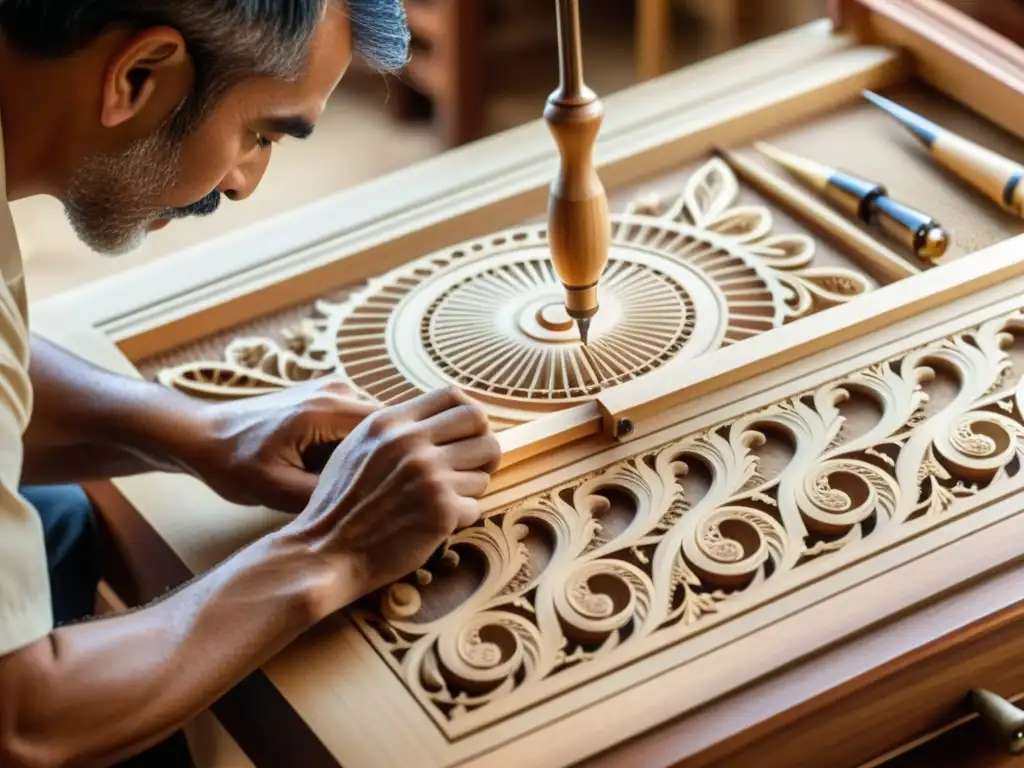 Un artesano talla con precisión diseños en madera para la construcción de un clavicordio, rodeado de herramientas finamente elaboradas