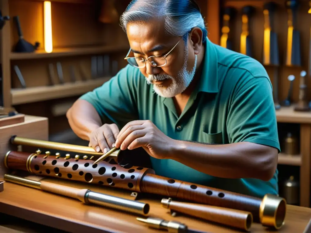 Un artesano talla diseños en madera de granadilla, rodeado de instrumentos de viento