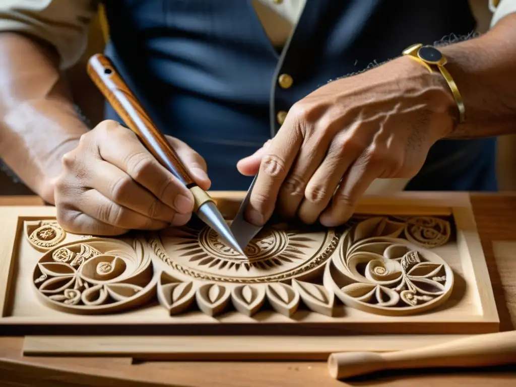 Un artesano talla con precisión diseños en madera de granadilla para un clarinete de basset, destacando el repertorio clásico del clarinete de basset