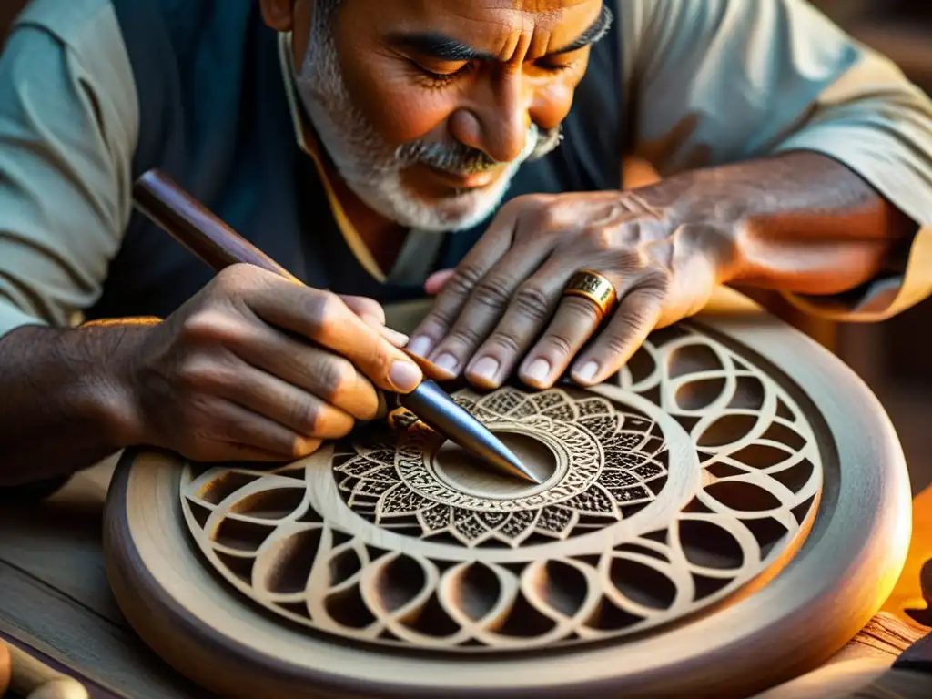 Un artesano de oud talla delicadamente diseños en la madera, reflejando la influencia cultural del oud árabe