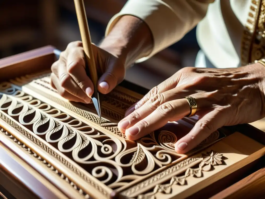 Un artesano talla con maestría diseños en la madera de un címbalo, destacando la historia y construcción del címbalo