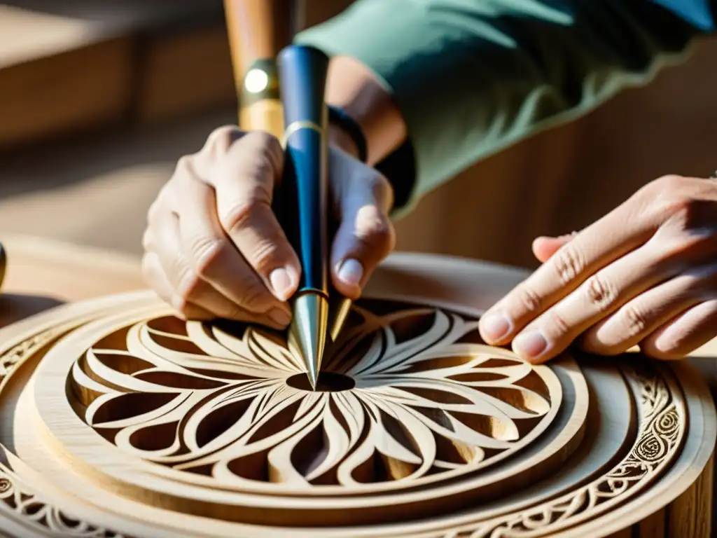 Un artesano talla con precisión diseños en madera sostenible, creando un hermoso instrumento musical