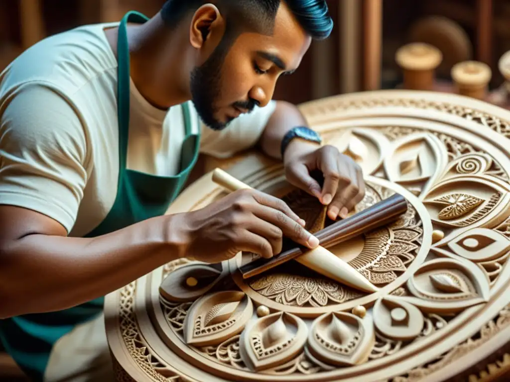 Un artesano talla diseños en madera mientras se ven instrumentos artesanales, destacando la evolución de las técnicas tradicionales a modernas