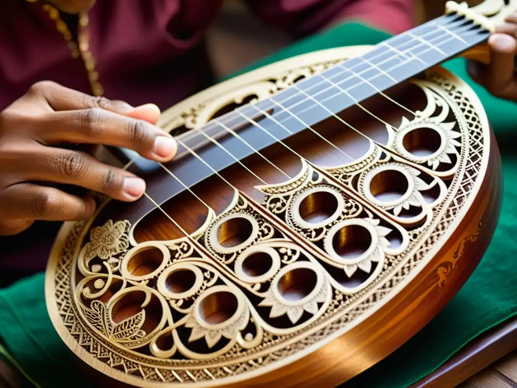 Un artesano talla delicadamente diseños en el mástil de un sitar, con luz natural resaltando cada detalle