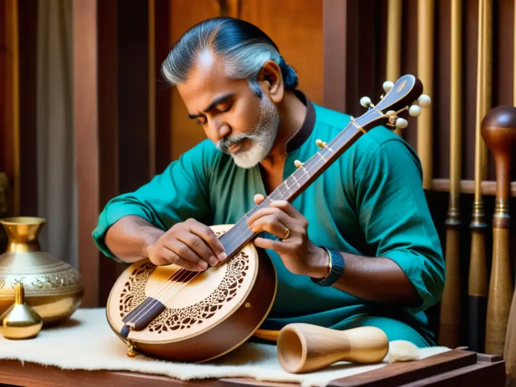 Un artesano talla diseños en el mástil de un sitar, rodeado de herramientas tradicionales