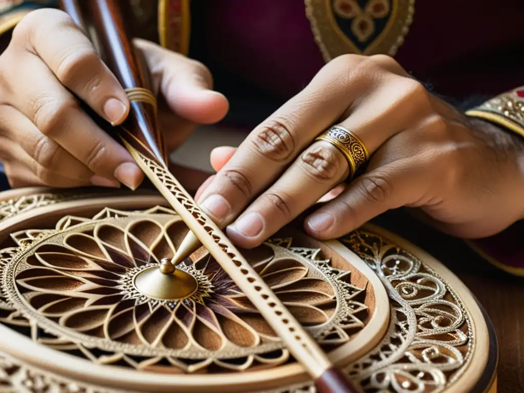 Un artesano talla diseños en un santur persa, resaltando la destreza y tradición en su construcción