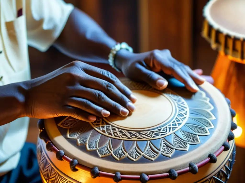 Un artesano talla con maestría un tambor Djembe, destacando la fabricación tradicional