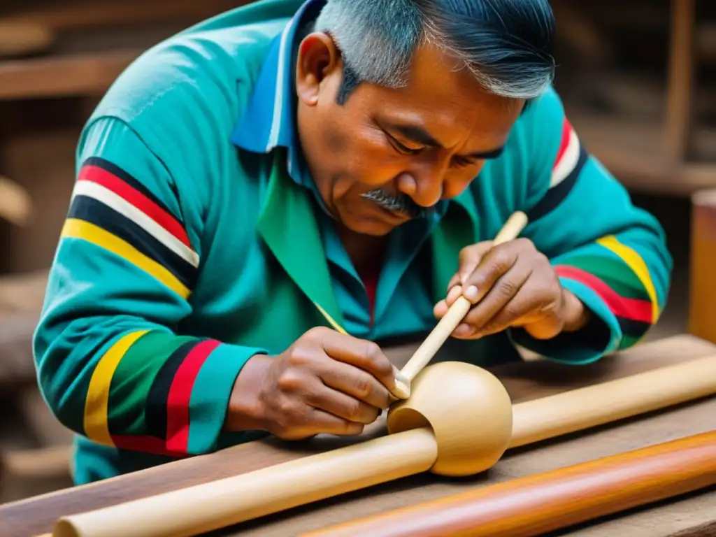 Un artesano talla y ensambla con cuidado una zampoña andina, mostrando el origen y construcción de la zampoña andina