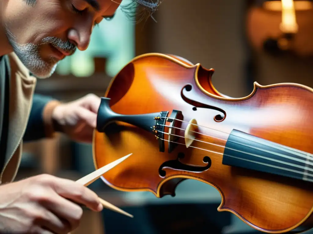 Un artesano talla con esmero una viola d'amore en madera de arce, iluminado por la calidez de su taller