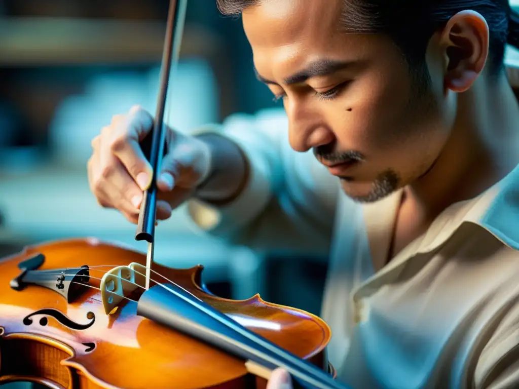 Un artesano talla con esmero la voluta de un violín, destacando la artesanía tradicional