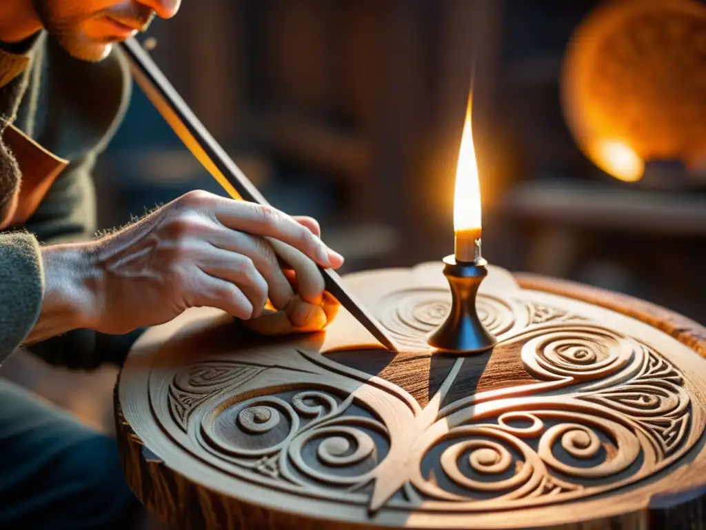 Un artesano talla con maestría una fiddle celta en su taller, iluminado por una lámpara de aceite