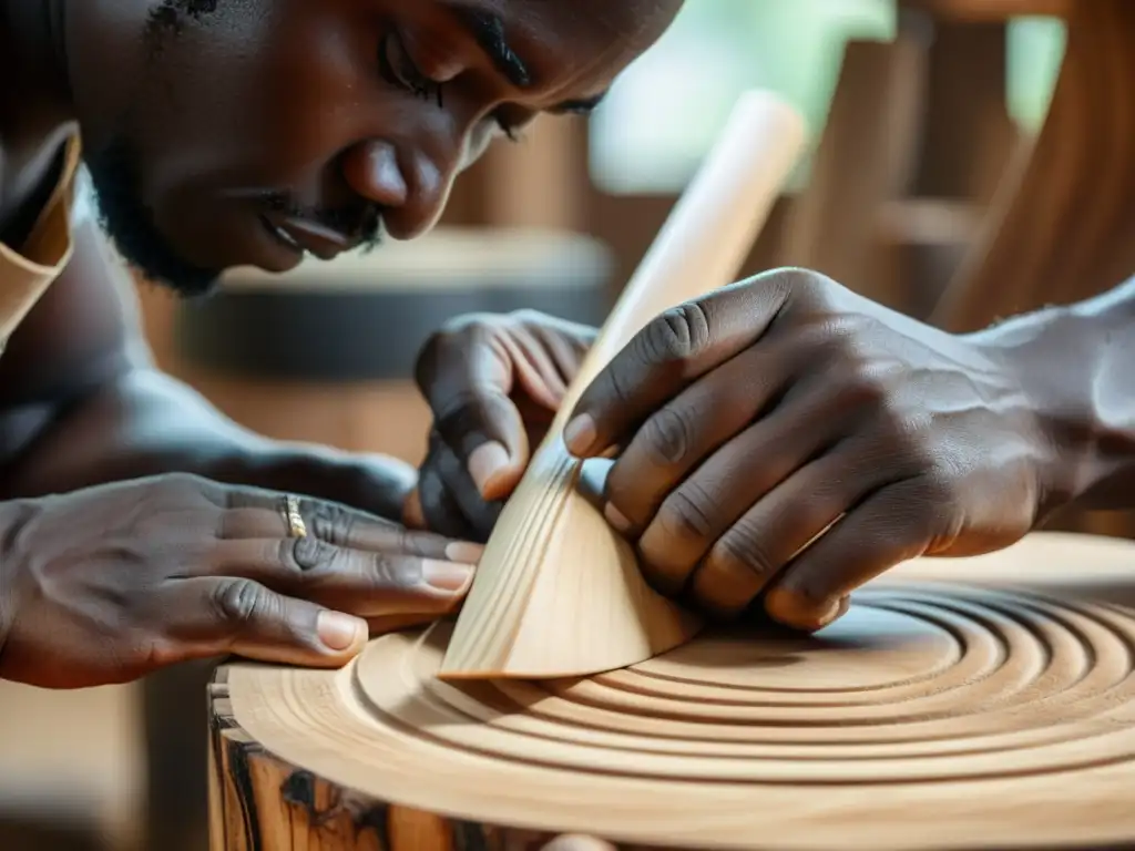 Un artesano talla con maestría la forma distintiva del tambor Kpanlogo, destacando la historia y sonido del Kpanlogo