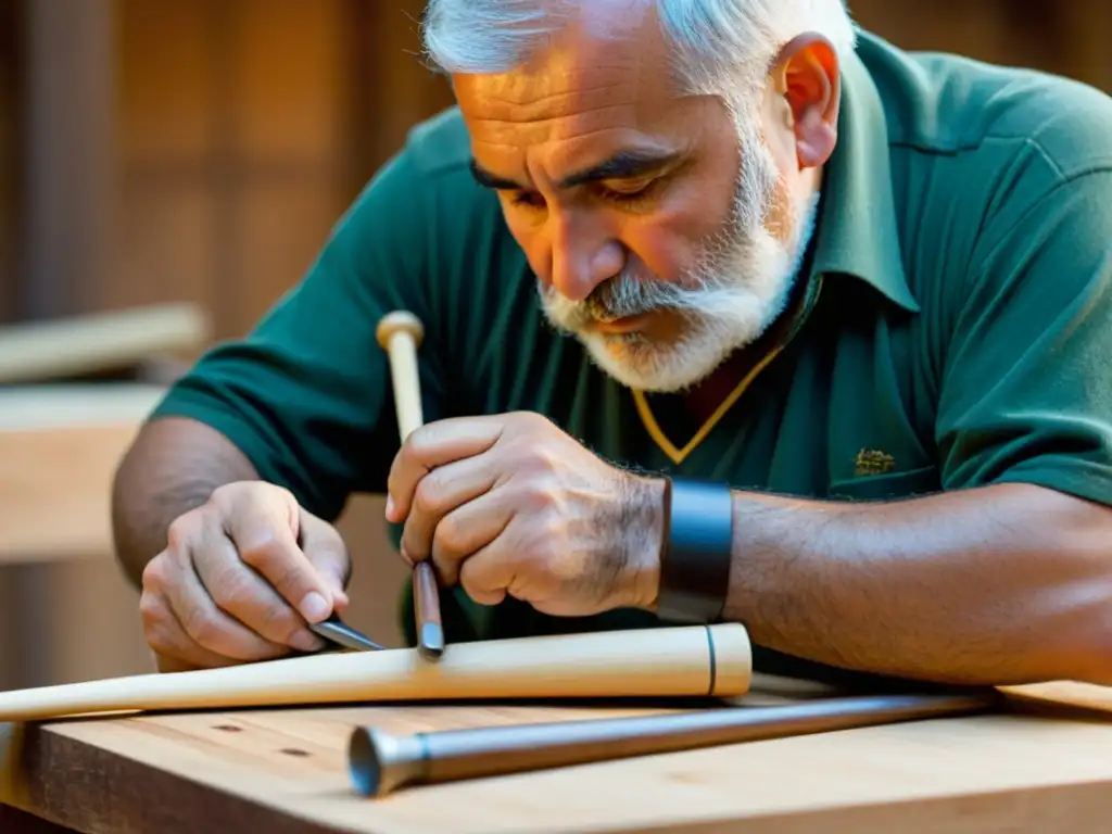 Un artesano talla detalladamente una gaita gallega en su taller, reflejando la historia y la artesanía detrás de su construcción