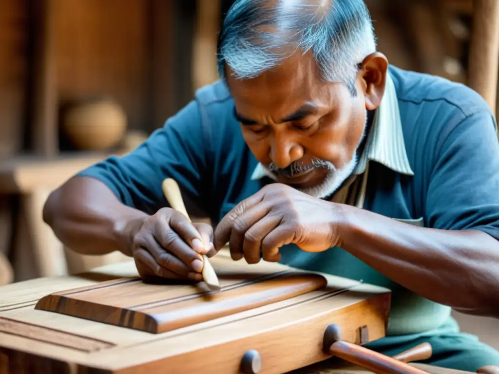 Un artesano talla con habilidad un instrumento musical tradicional, destacando la preservación de instrumentos musicales tradicionales