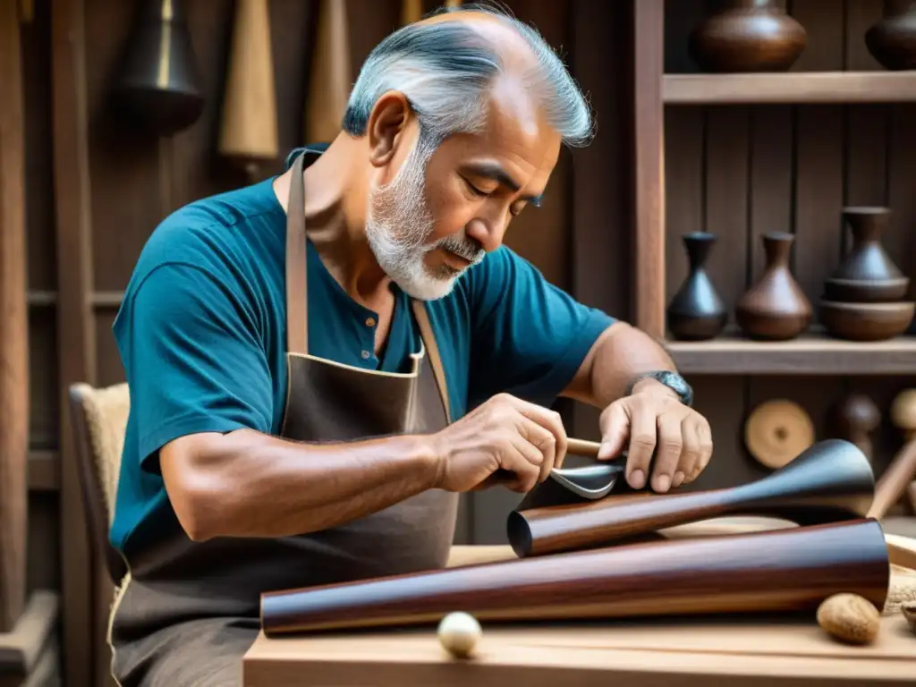 Un artesano talla con maestría un instrumento musical tradicional de madera oscura, rodeado de herramientas antiguas y materiales naturales