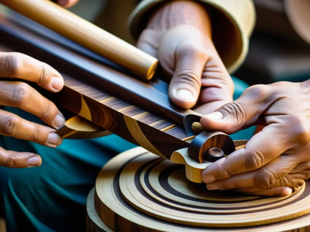 Un artesano talla con maestría un instrumento musical ancestral contemporáneo en madera oscura, resaltando la conexión entre tradición y creación