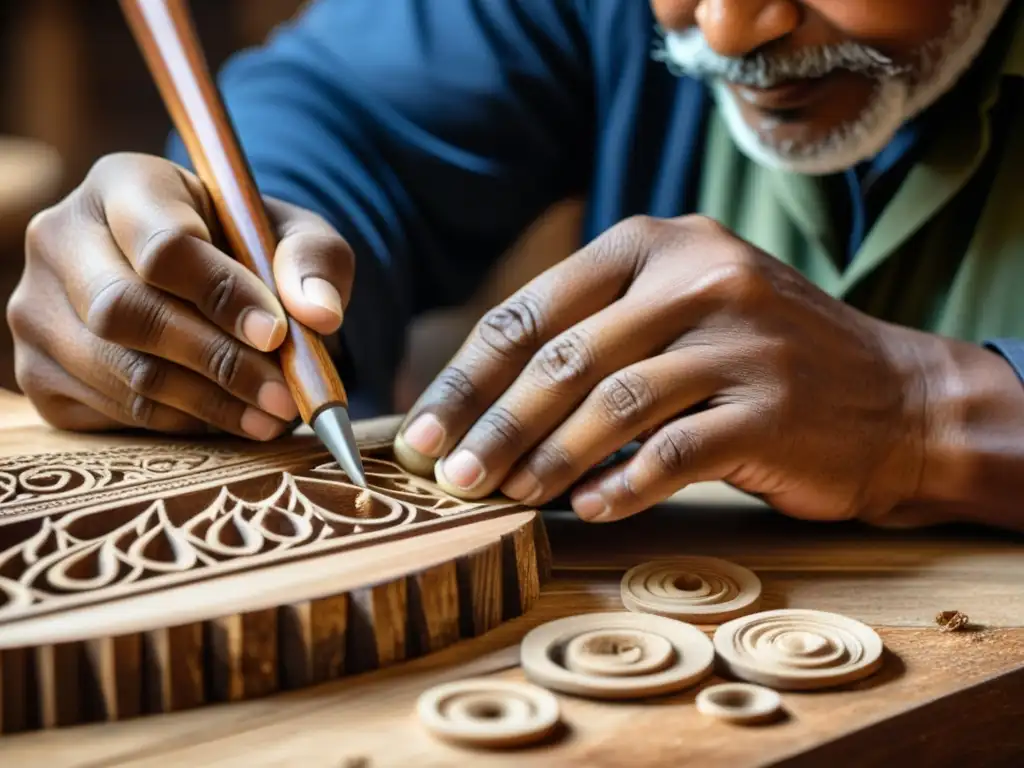 Un artesano talla con maestría un instrumento musical tradicional de madera, mostrando preservación de instrumentos musicales tradicionales